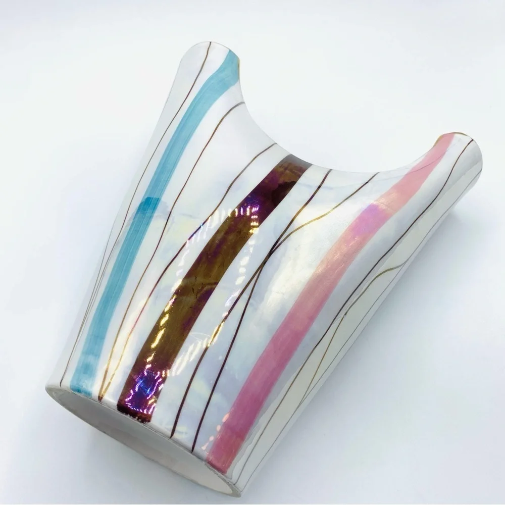 Vintage MCM Italian Iridescent Striped Vase with Gold Trim – 8.5”